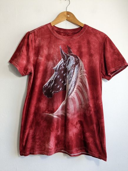 Other - Men's Red T-Shirt Size Approx Small S Tie Dye Horse USA Flag Top Stars & Stripes